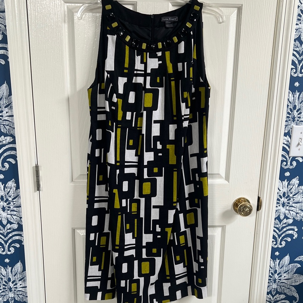 Jessica Howard Black, White, and Green Geometric Midi Dress